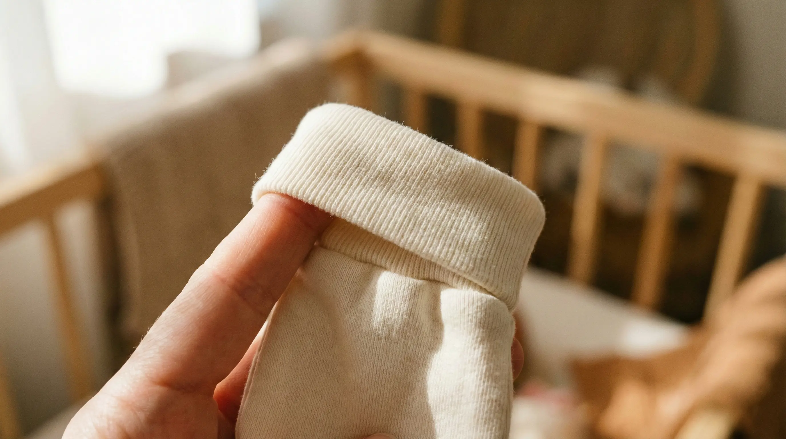 نمای نزدیک از کشبافت نرم و ایمن مچ دستکش نوزاد که توسط دست مادر تست می‌شود