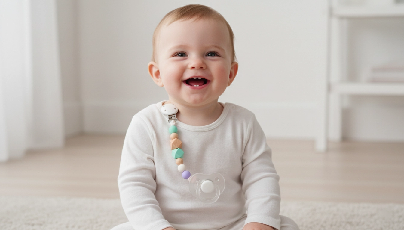 نوزاد شیک با بند پستانک مهره‌ای برای جلوگیری از افتادن و آلودگی پستانک