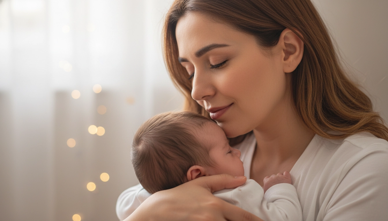 مادر ایرانی در حال بوییدن موهای تمیز و لطیف نوزاد خود با حس آرامش