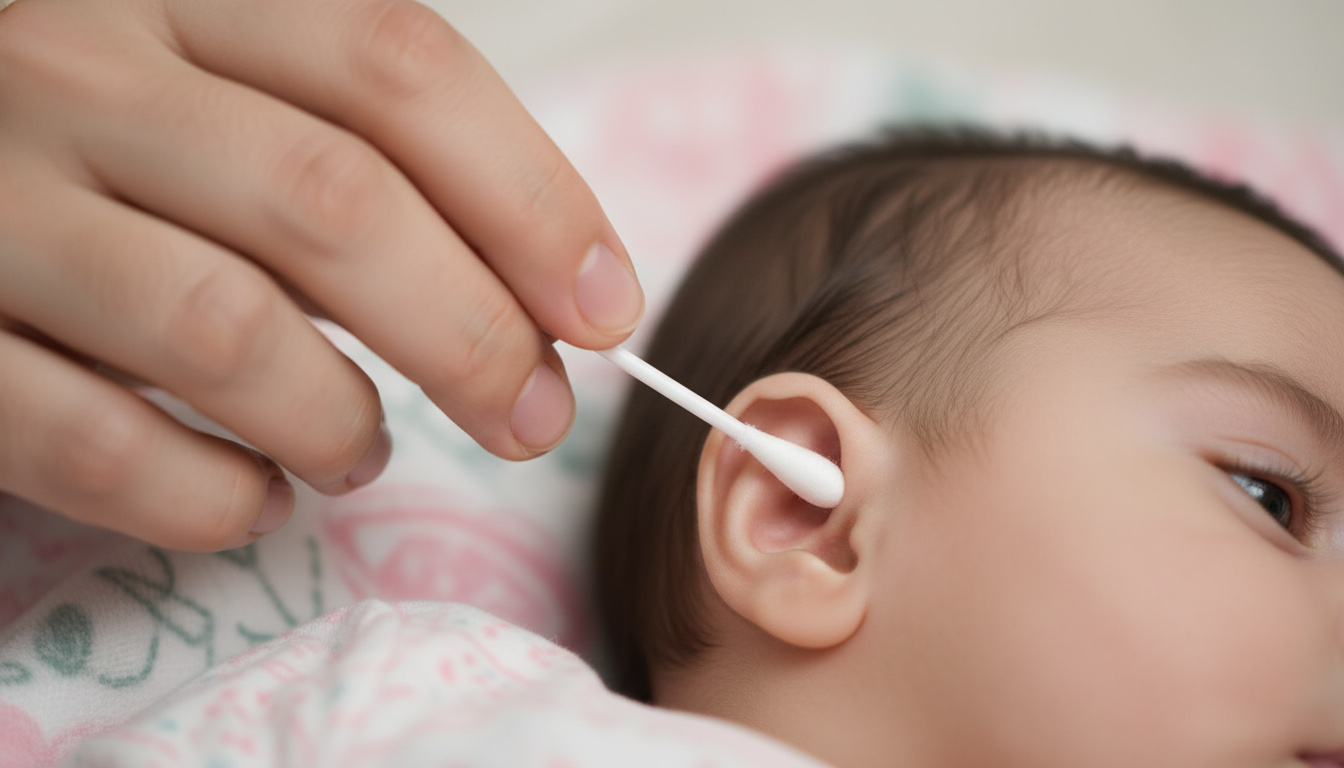 نمایش روش صحیح تمیز کردن بخش بیرونی گوش نوزاد با گوش پاک کن ایمن