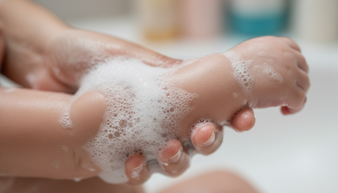 کف ملایم و ضد حساسیت شامپو بچه روی پوست لطیف نوزاد