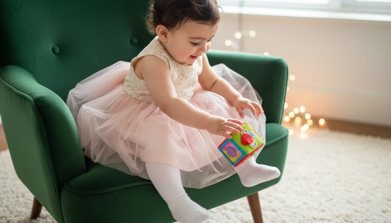 نوزاد دختر با پیراهن مجلسی و جوراب شلواری سفید