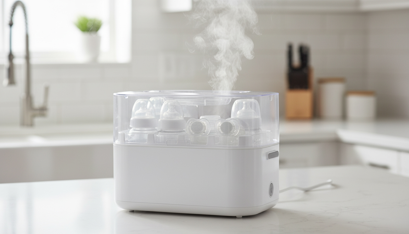 دستگاه استریل کننده برقی در حال کار با بخار آب داغ و شیشه شیرهای نوزاد