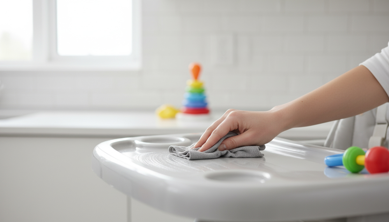 ضدعفونی کردن صندلی غذای کودک با دستمال مرطوب مخصوص سطوح و اسباب‌بازی