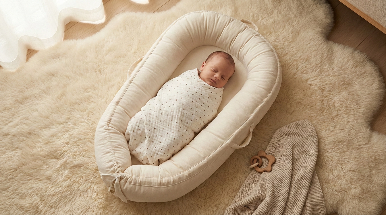 نوزاد خوابیده در تشک گارددار لبه دار (Baby Nest) و پتو دورپیچ