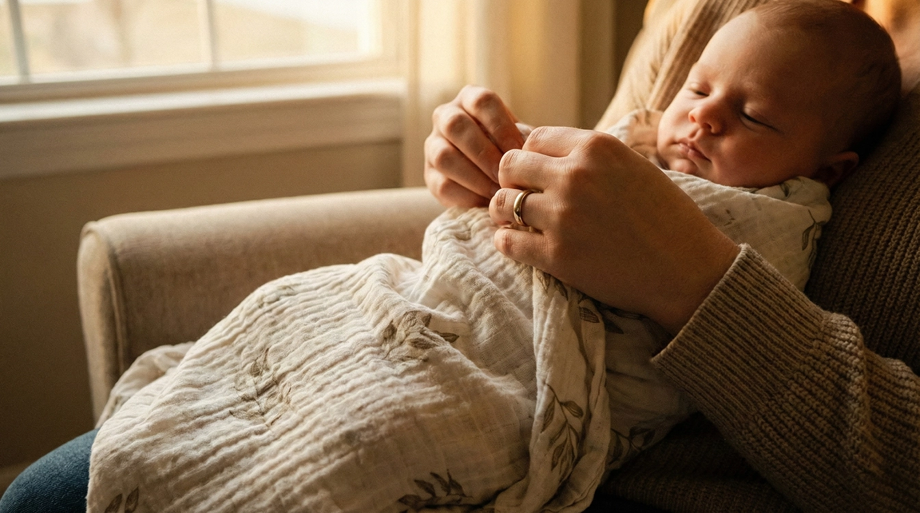 مادر در حال قنداق کردن نوزاد با پتو دورپیچ نخی و ضدحساسیت