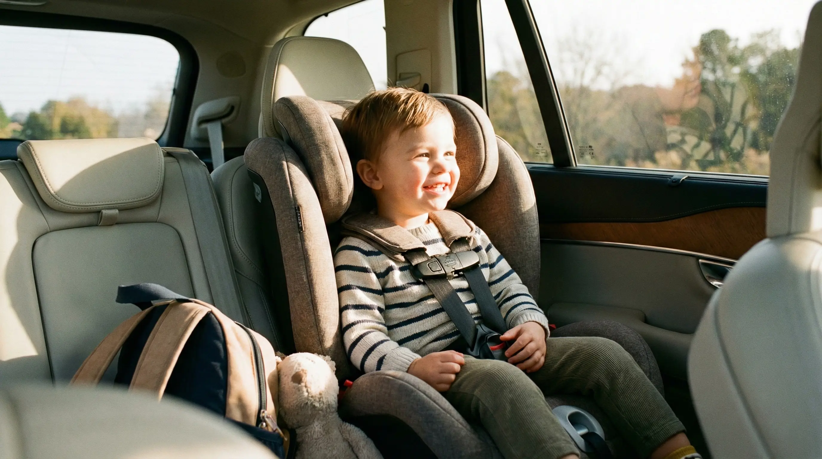 کودک خندان در صندلی خودرو کودک با کمربند ایمنی ۵ نقطه&zwnj;ای