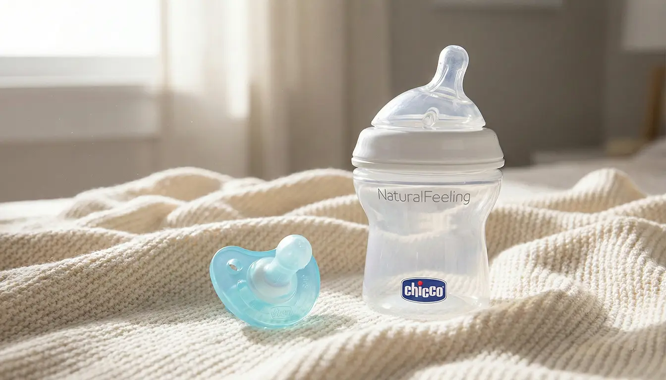 نمای نزدیک از شیشه شیر ضد نفخ نچرال فیلینگ چیکو با سرشیشه کج در کنار پستانک تمام سیلیکونی فیزیو سافت