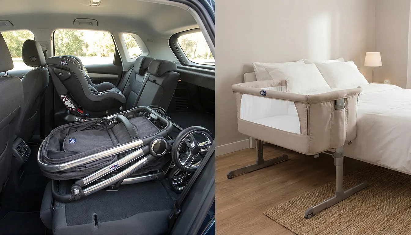 صندلی ماشین ایزوفیکس دار و کالسکه چیکو برای سفر ایمن، در کنار تخت کنار مادر Next2Me برای خواب راحت نوزاد