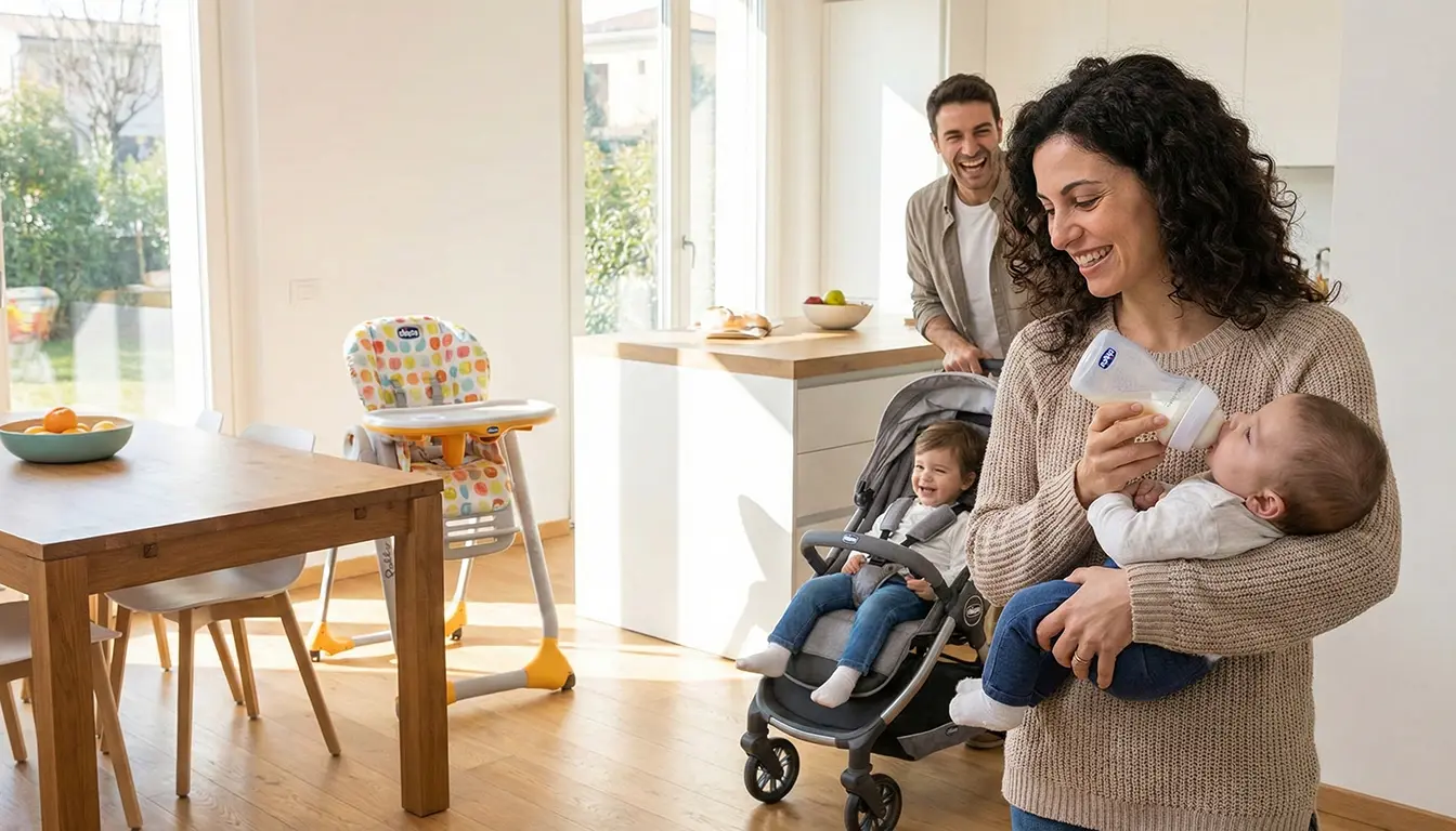 خانواده شاد در حال استفاده از محصولات متنوع چیکو شامل شیشه شیر نچرال، کالسکه و صندلی غذا پالی