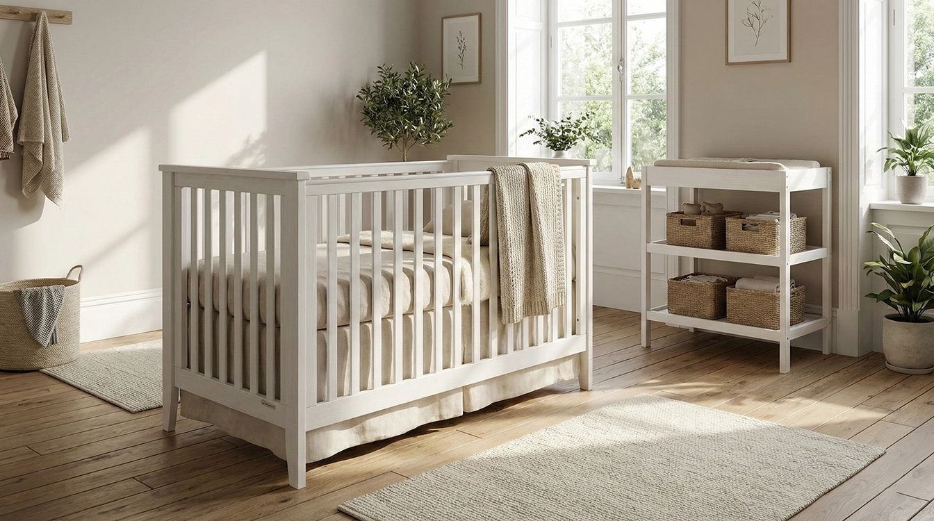 تخت خواب نوزاد چوبی سفید و تخت دو منظوره