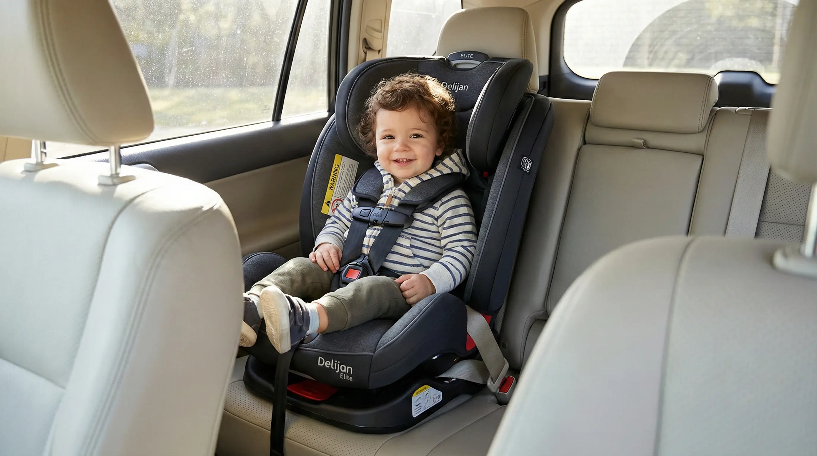 کودک خردسال در صندلی ماشین دلیجان مدل الیت که به ایمنی در خودرو نصب شده است