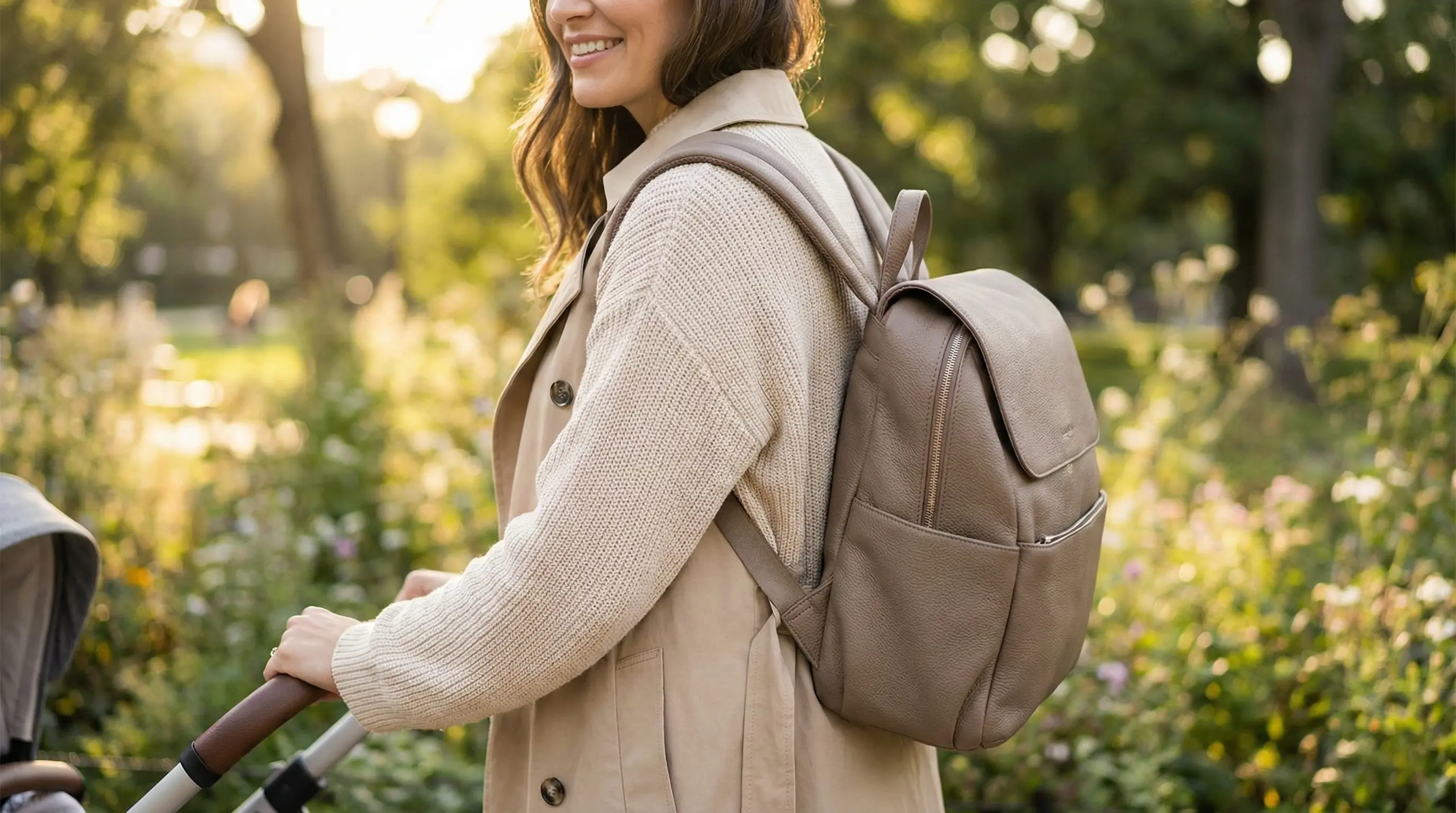 مادر خوش استایل در حال حمل کوله پشتی لوازم مادر و کودک در پارک