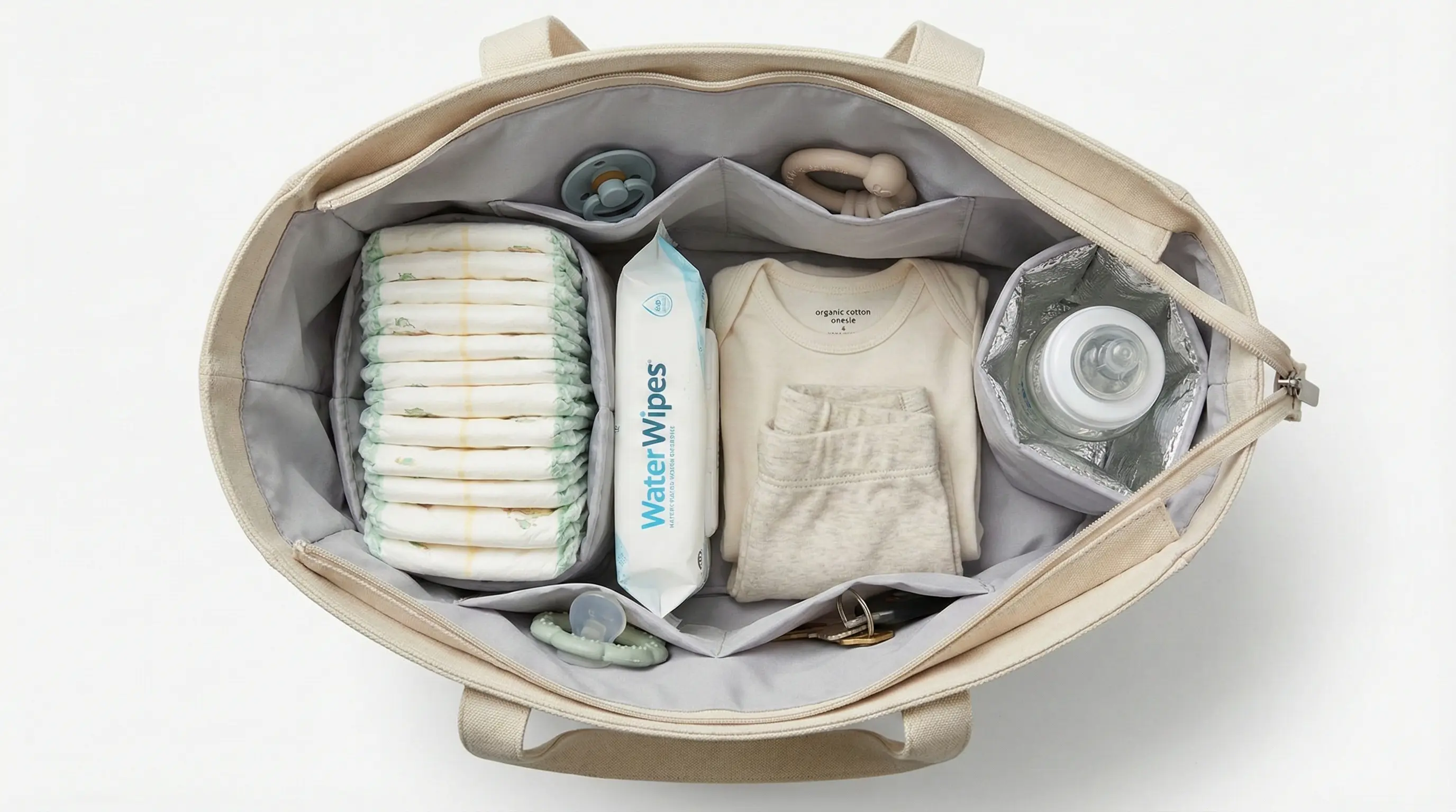 فضای داخلی ساک لوازم نوزاد با جیب عایق شیشه شیر و نظم دهنده