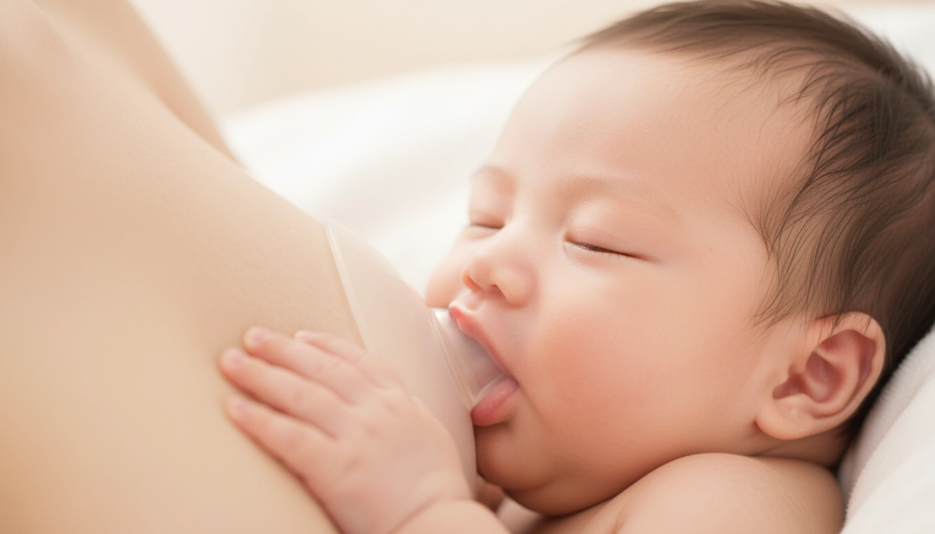 نوزاد در حال شیر خوردن آرام و موفق با استفاده از رابط سینه سیلیکونی
