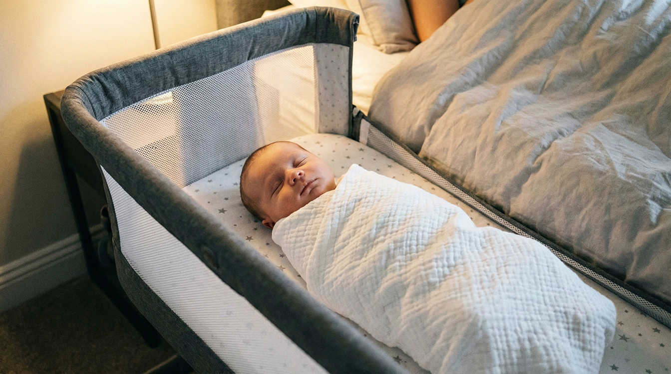 نوزاد خوابیده در تخت کنار مادر با سرویس خواب ضد حساسیت