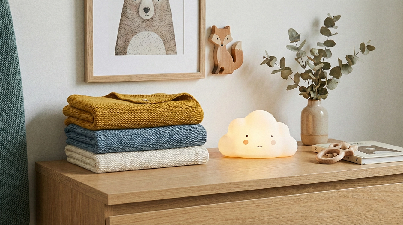 اکسسوری و لوازم دکوری اتاق کودک شامل پتو نوزادی و چراغ خواب