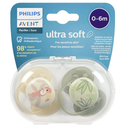 پستانک Philips Avent از نوع التراسافت که نرمی را به پوست نوزاد هدیه می کند  2 عدد پستانک طرحدار برای 0-6 ماهگی