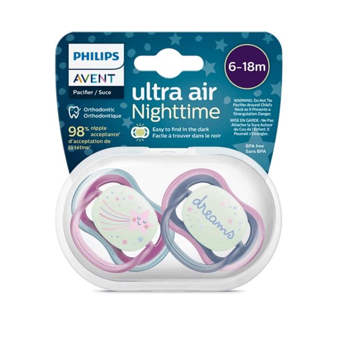 پستانک 6 تا 18 ماه شب‌ تاب طرح ستاره صورتی ultra air فیلیپس اونت Philips Avent