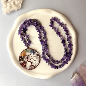 گردنبند آمیتیست نامنظم با درخت زندگی سنگی