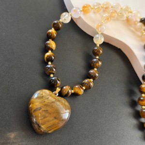 گردنبند سیترین کوارتز وچشم ببر با پلاک چشم ببر