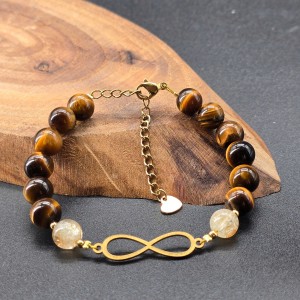 دستبند  سنگ چشم ببر و سیترین با پلاک بینهایت