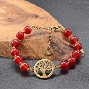 دستبند سنگ عقیق و پلاک درخت زندگی استیل