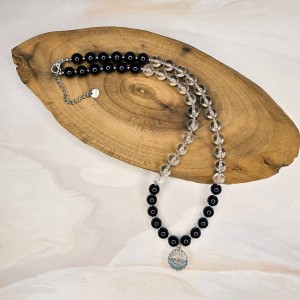 گردنبند کریستال کوارتز و تورمالین سیاه با پلاک وال استیل