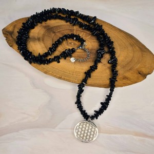 گردنبند تورمالین سیاه نامنظم با گل زندگی نقره ای