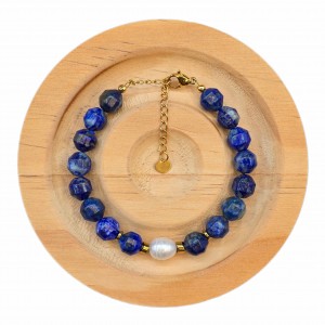 دستبند لاجورد تراش و مروارید طبیعی پرورشی
