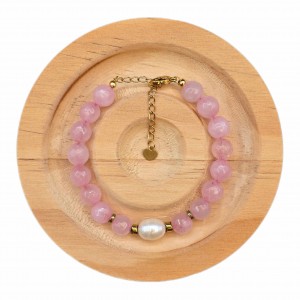 دستبند کوارتز صورتی تراش و مروارید طبیعی پرورشی