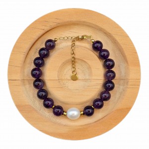 دستبند آمیتیست و مروارید طبیعی پرورشی طرح 2