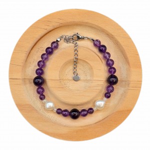 دستبند آمیتیست و مروارید طبیعی پرورشی طرح 1