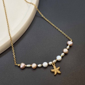 گردنبند مرواریدطبیعی پرورشی میکس و پلاک ستاره دریایی استیل