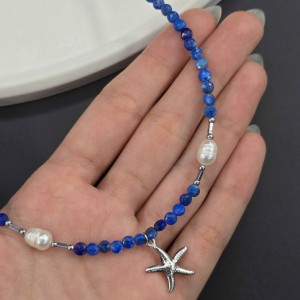 گردنبند لاجورد تراش با مروارید طبیعی پرورشی و پلاک ستاره دریایی استیل