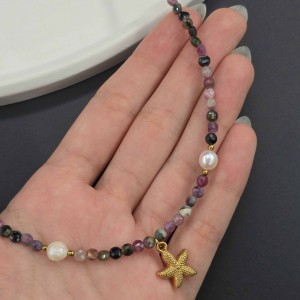 گردنبند تورمالین مولتی کالر تراش با مروارید نامنظم طبیعی پرورشی و پلاک ستاره دریایی استیل