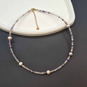 گردنبند کوارتز مولتی کالر تراش با مروارید بنفش طبیعی پرورشی