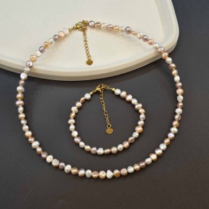 ست گردنبند و دستبند مروارید پرورشی مولتی کالر نامنظم سایز 1