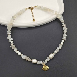 گردنبند مون استون نامنظم و صدف طبیعی با مروارید طبیعی پرورشی