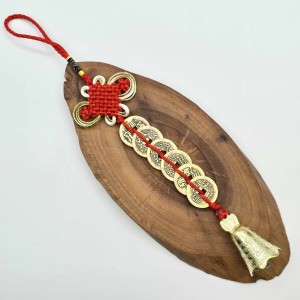 رشته 6 سکه فنگشویی با زنگوله و گره عشق قرمز