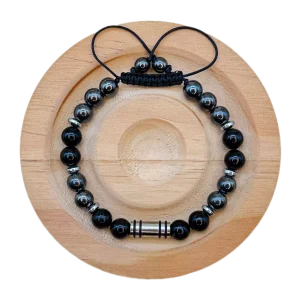 دستبند سنگ حدید و تورمالین سیاه و پلاک استیل