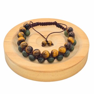 دستبند چشم ببر و یشم سرپانتین بافت دو ردیفه (مردانه)