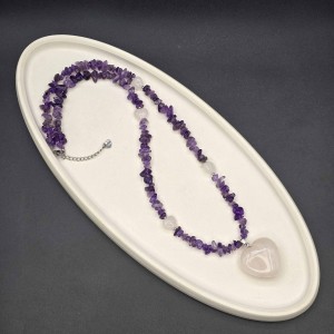 گردنبند آمیتیست نامنظم و قلبهای کوارتز صورتی