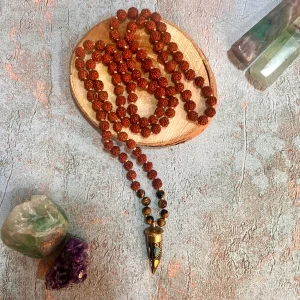 تسبیح  رودراکشا و چشم ببر- 108  عددی با پلاک تبتی عاج