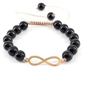 دستبند سنگ  تورمالین سیاه با پلاک بینهایت