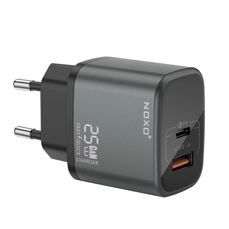 شارژر دیواری ۲۵ وات نوکسو مدل CHN-P-1 با ۲ پورت USB-C و USB-A، پشتیبانی از PD و QC3.0، فناوری GaN