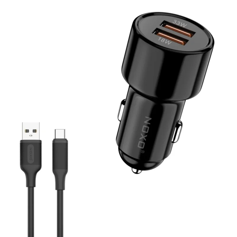 شارژر فندکی 51 وات دو پورت نوکسو مدل CCN-1 به همراه کابل تبدیل USB-A به Type-C نوکسو مدل CN-1 طول 1متر شارژ سریع 2.4 آمپر