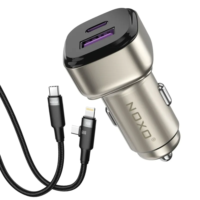 شارژر فندکی 55 وات دو پورت نوکسو مدل CCN‑P‑5 به‌همراه کابل تبدیل 60 وات ۳ در ۱ نوکسو مدل CN-5 طول 1.2 متر | شارژ سریع PD