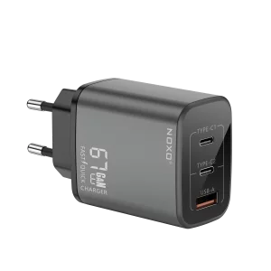 شارژر دیواری ۶۷ وات نوکسو مدل CHN-P-2 با ۳ پورت USB-C و USB-A، پشتیبانی از PD و QC3.0 (EU Pin) و فناوری GaN