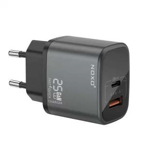 شارژر دیواری ۲۵ وات نوکسو مدل CHN-P-1 با ۲ پورت USB-C و USB-A، پشتیبانی از PD و QC3.0، فناوری GaN